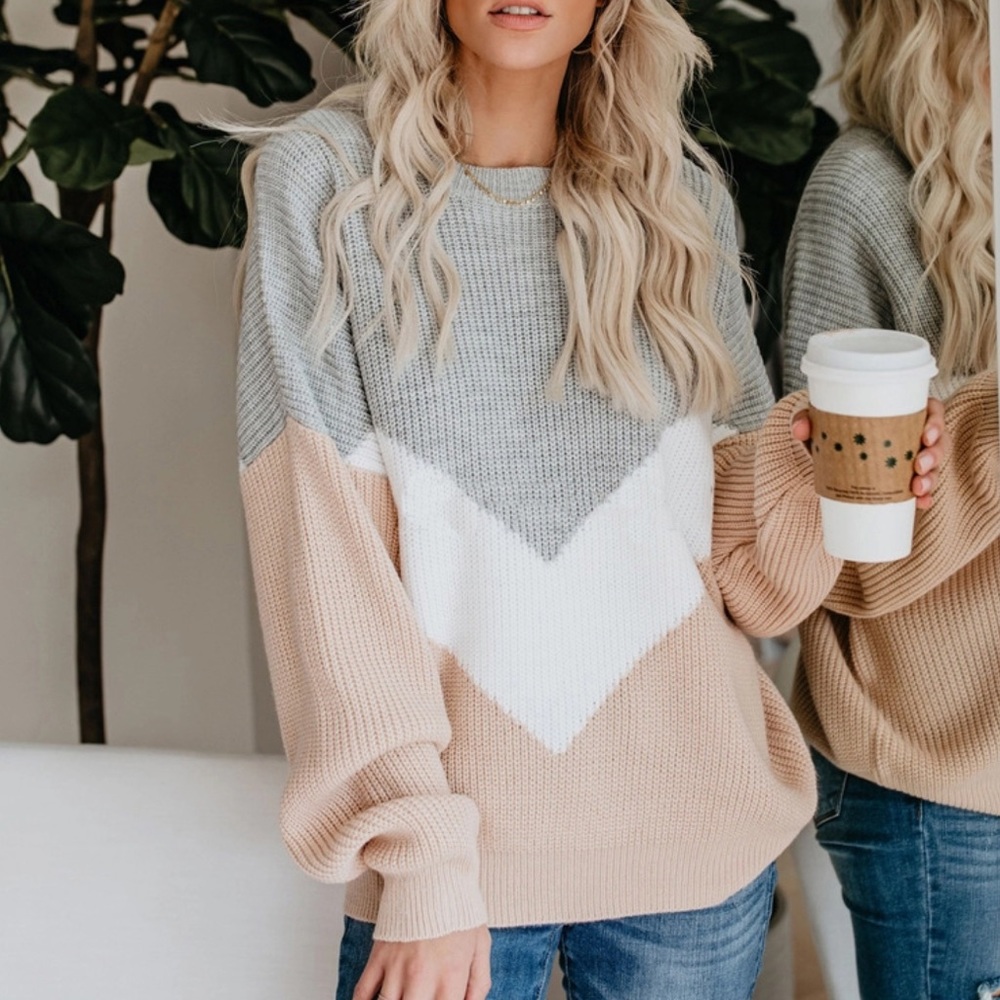 🧨Bomb Sale Ends Sunday 🧨 Chevron Colorblock Oversized Sweater /Taffy Gray white - Picture 2 of 7